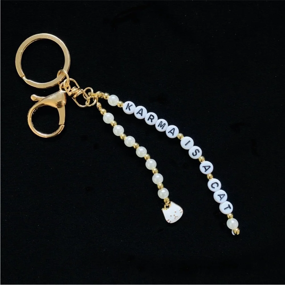Karma Is A Cat Keychain Pearls And Gold Tone Beads Gold Tone Keyring White Cat